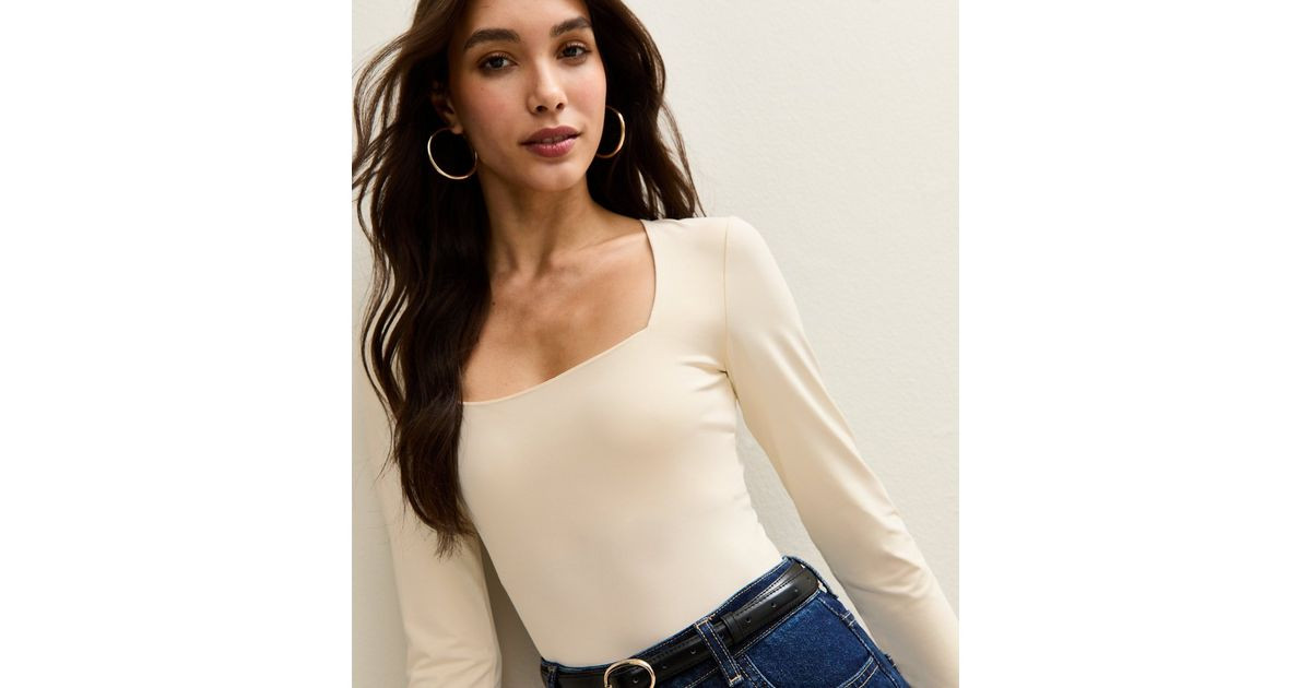 Cream Slinky Square Neck Long Sleeve Bodysuit | New Look | New Look (UK)