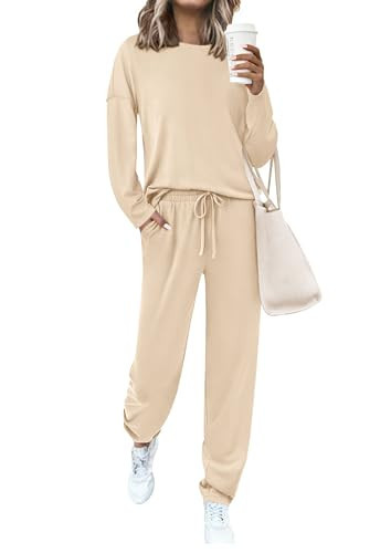 PRETTYGARDEN Womens 2 Piece Matching Lounge Sets 2025 Fall Long Sleeve Boatneck Sweatsuit Drawstring Sweatpants Pockets (Beige,Small) | Amazon (US)