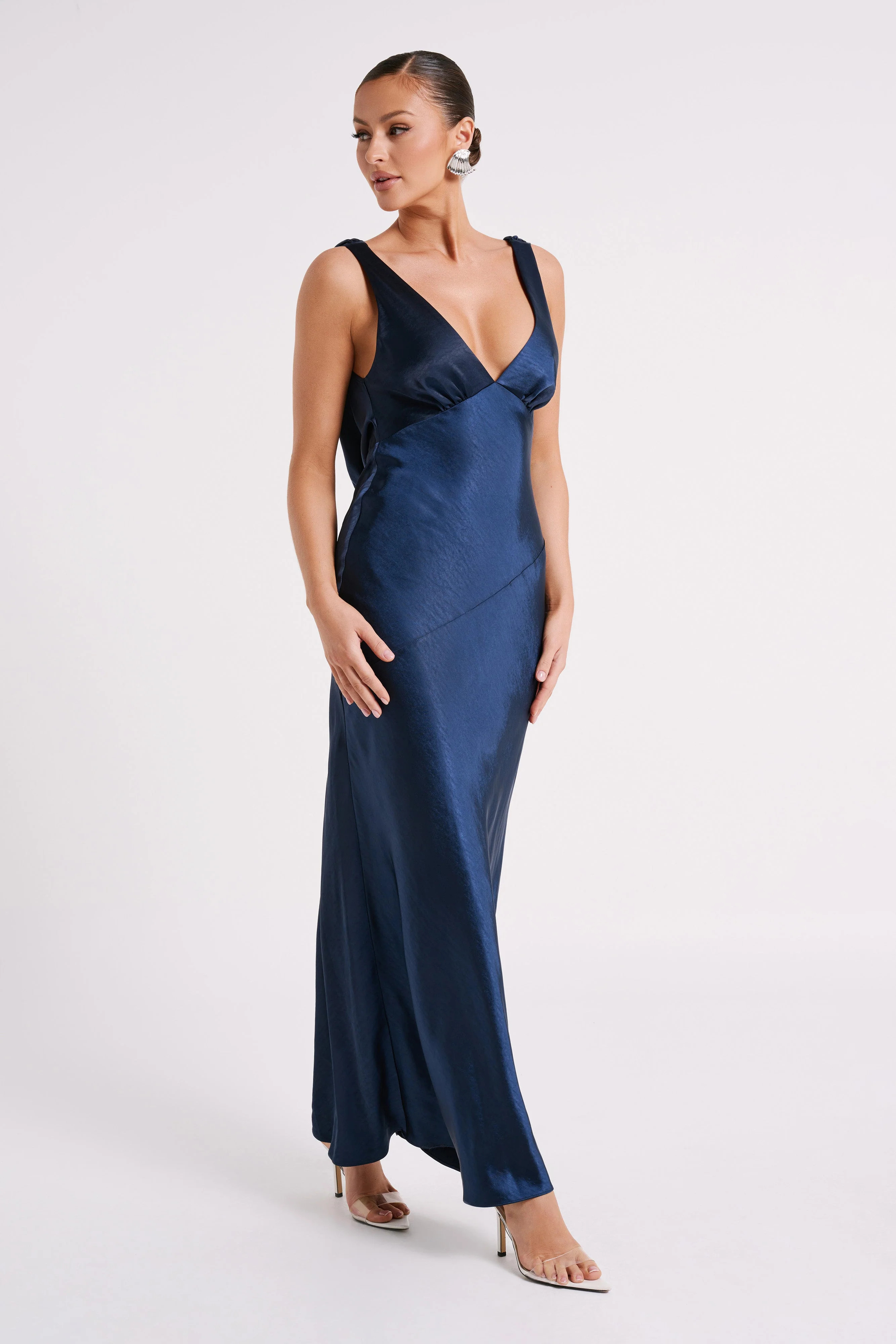 Nadia Maxi Satin Dress With Back Cowl - Navy | MESHKI US