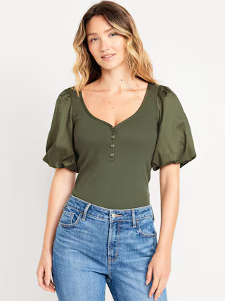 Puff-Sleeve Mixed Fabric Top | Old Navy (US)