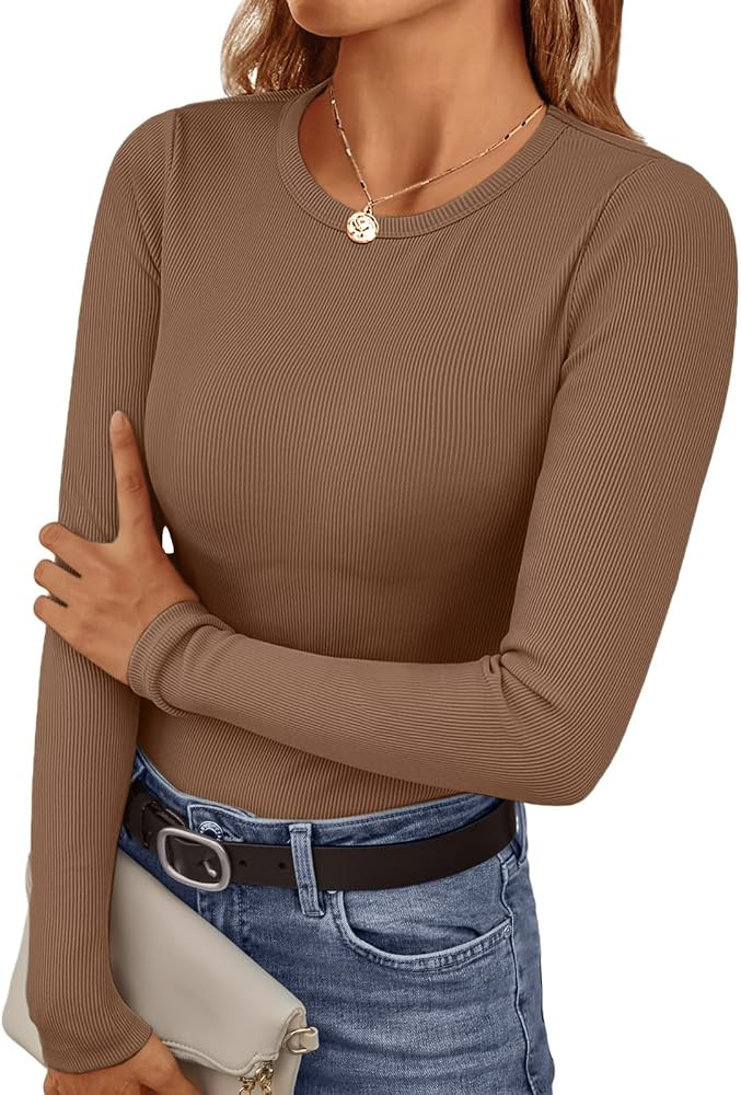 Ekouaer Womens Long Sleeve Shirts Crew Neck Stretchy Fitted Ribbed Tops Basic Base Layer Soft The... | Amazon (US)