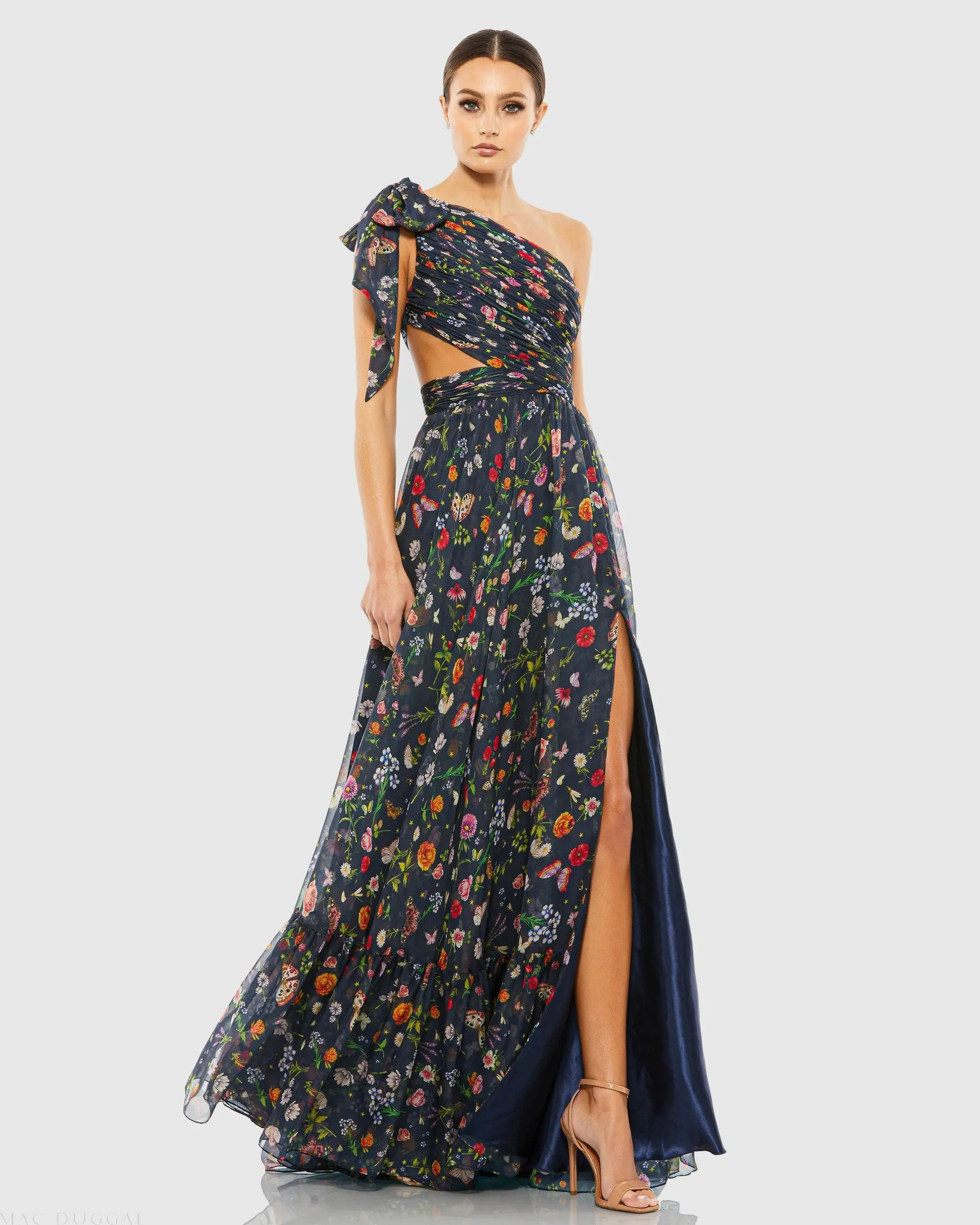 Ieena for Mac Duggal - Navy Tied One Shoulder Cut-Out Flowy Gown - Navy Multi / US 10 | Mac Duggal