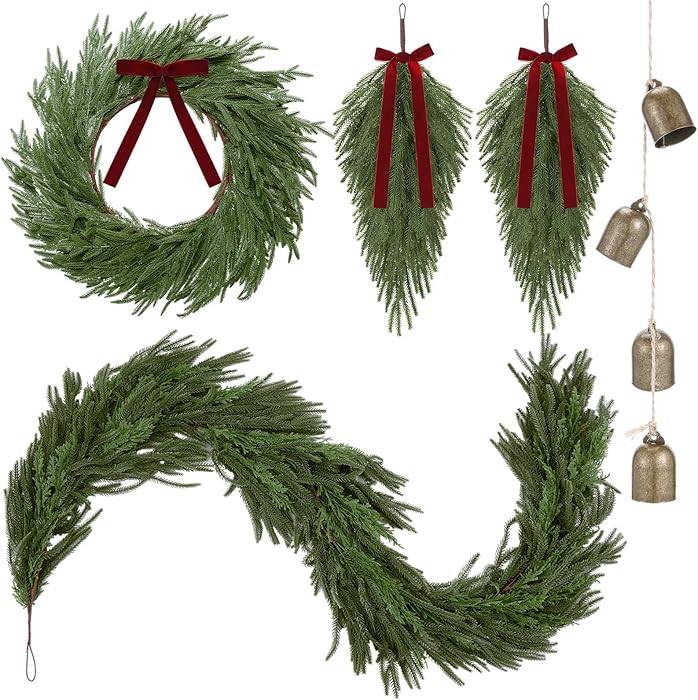 Syhood 6FT Christmas Norfolk Pine Garland with 24" Wreath 2 Real Touch Teardrop Swags and Gold Me... | Amazon (US)