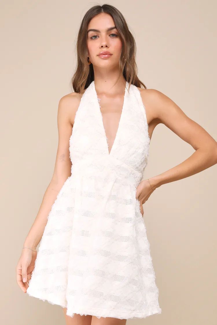 Easily Poised Ivory Textured Halter Mini Dress | Lulus