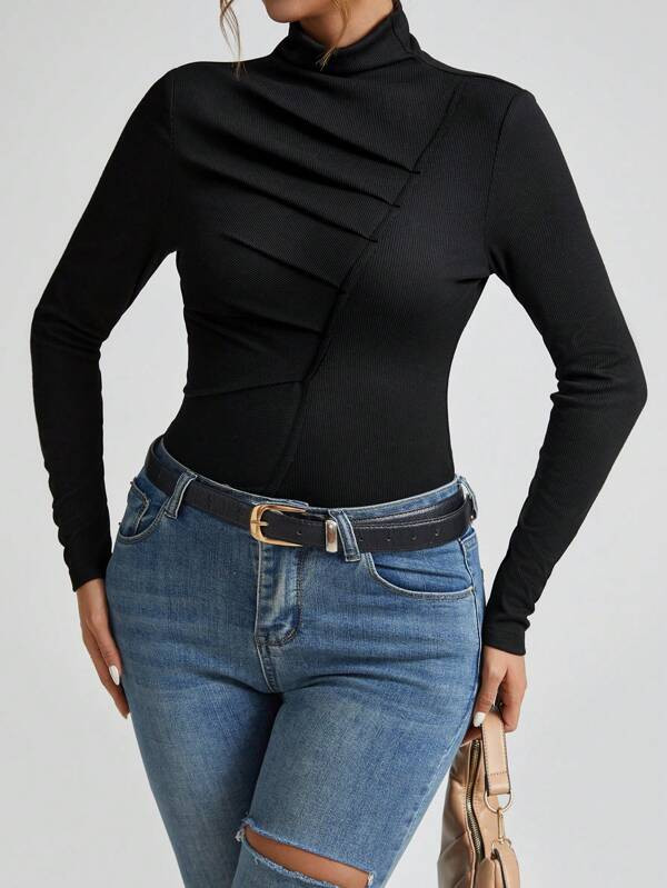 SHEIN Privé Women's Simple And Fashionable Tee With Pleated Design | SHEIN