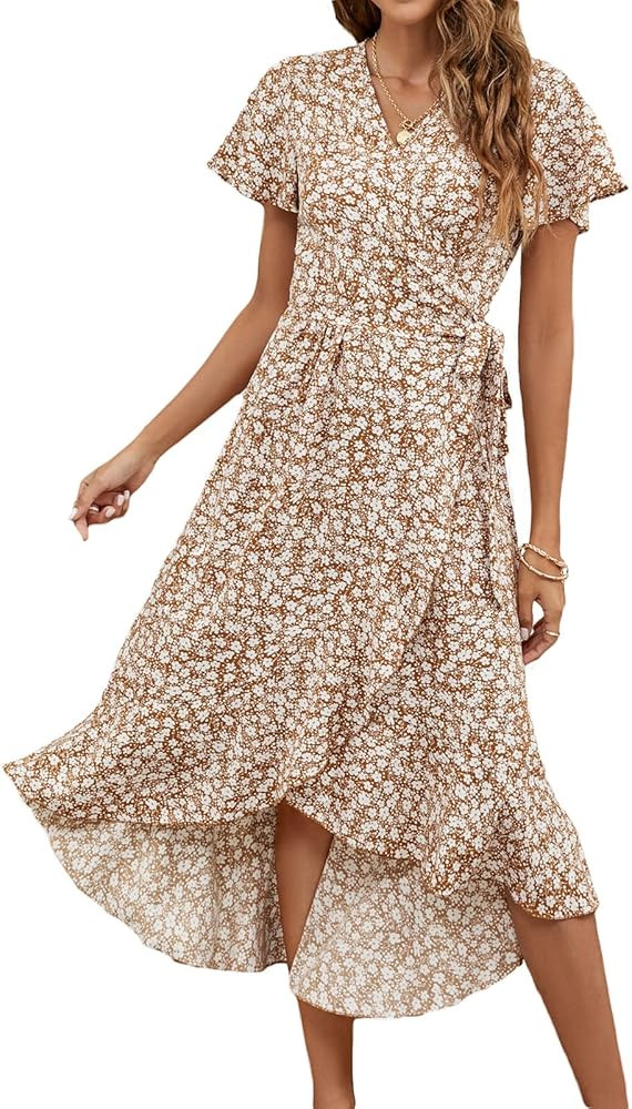 Naggoo Women's Summer Wrap Floral V Neck Ruffle Short Sleeve Beach Midi Dress | Amazon (US)