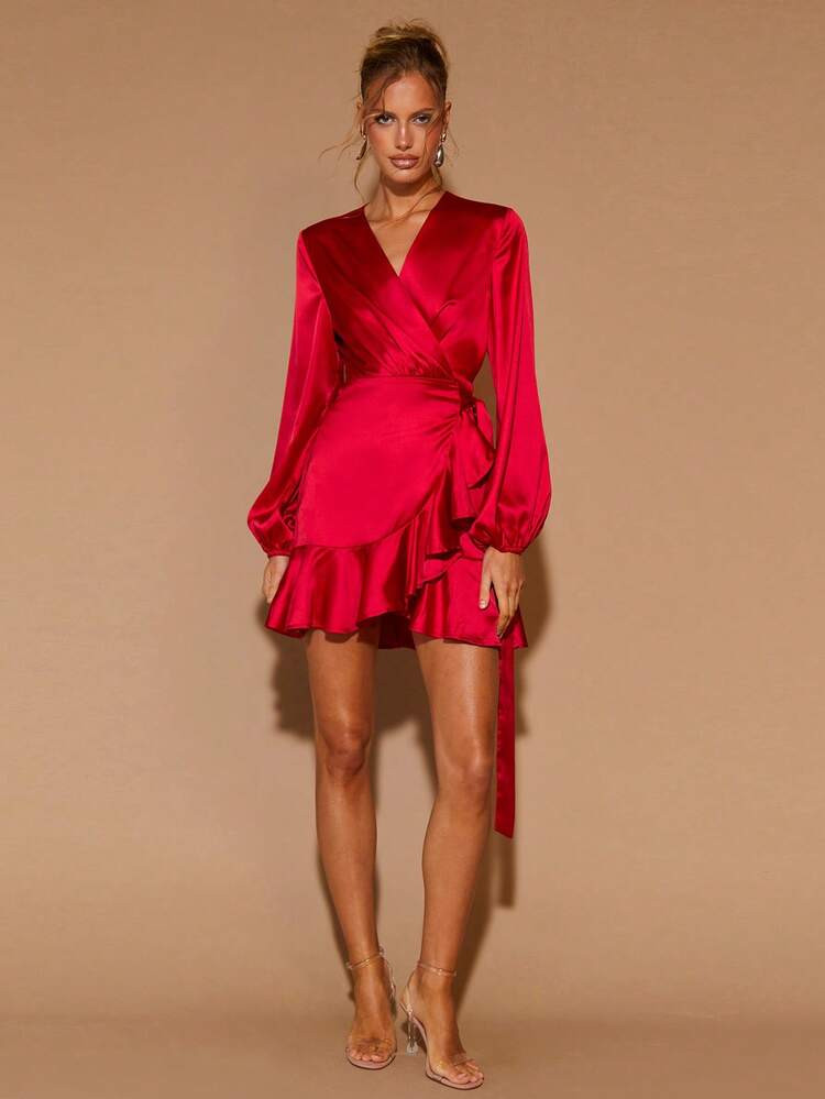 V-neck ruffle hem satin dress | SHEIN