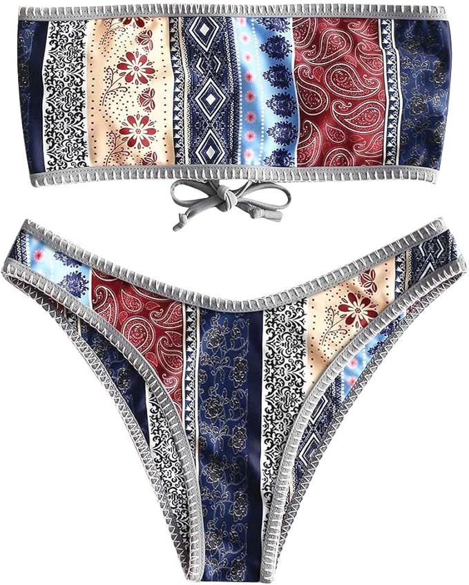 ZAFUL Women's Ditsy Dot Print High Cut Cross Triangle Bikini Set Two Piece Swimwear | Amazon (US)