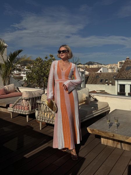 Summer holiday outfit idea - orange and pink striped maxi dress from Laura Byrnes x Very edit, gold strappy heeled sandals, gold clutch bag & cat eye sunglasses  

#LTKSeasonal #LTKeurope #LTKstyletip