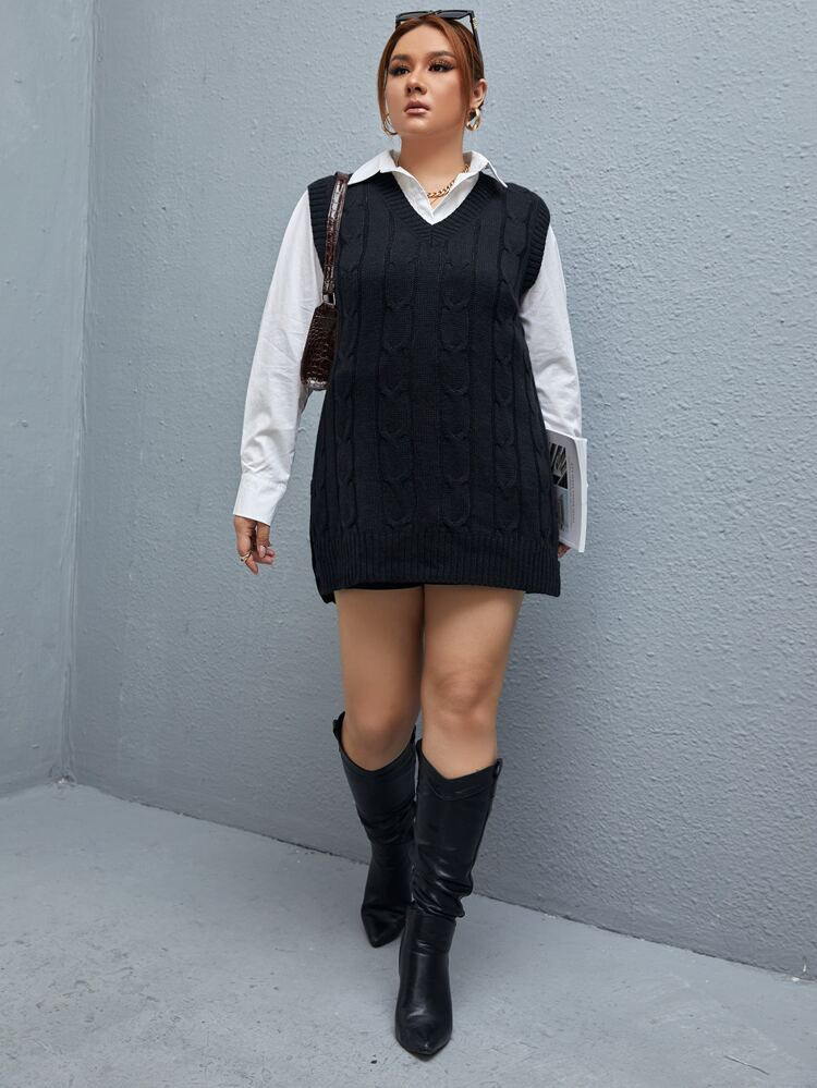 Plus Split Hem Cable Knit Sweater Vest Without Blouse | SHEIN