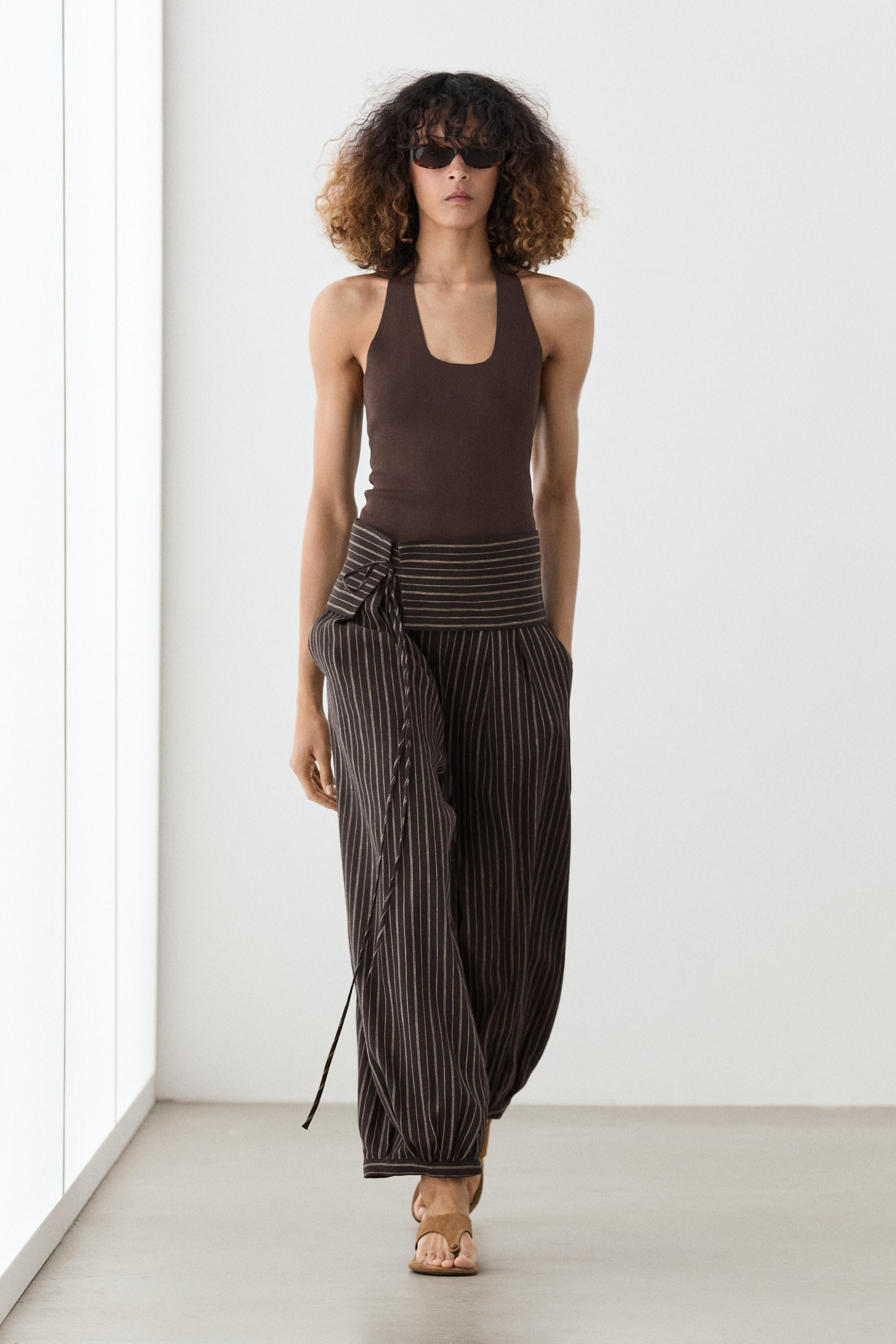 Striped sarouel trousers with cummerbund detail | Massimo Dutti UK