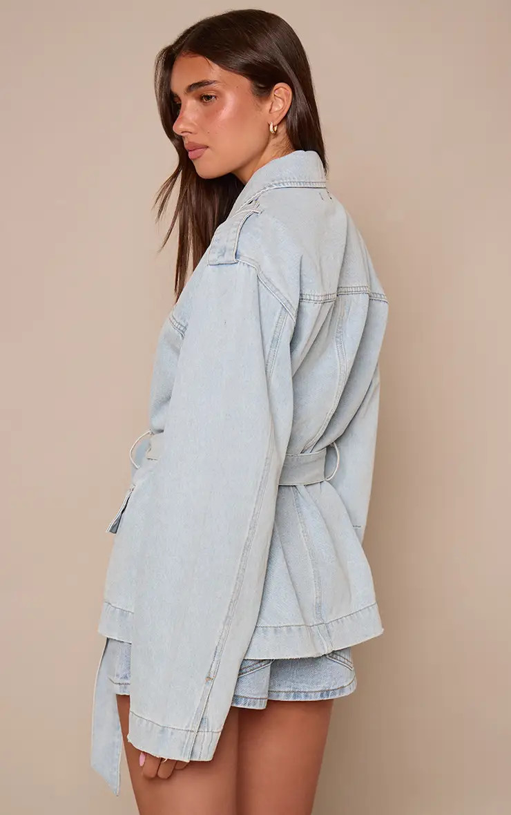 Light Blue Belted Waist Denim Shacket | PrettyLittleThing USA | PrettyLittleThing US
