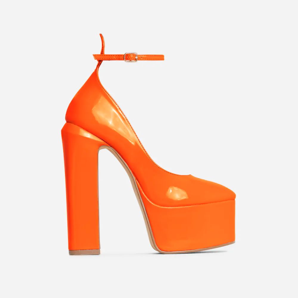 Violet Ankle Strap Closed Toe Statement Platform Block Heel In Orange Patent | EGO Shoes (US & Canada)