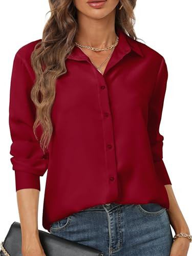 Wine red Blouses for Women Dressy Elegant Long Sleeve Casual Button Down v Neck Designer Womens Chiffon Tops Western Large Cuff Formal Blouse Work Light Weight Dress Outfits Wine Red Size S | Amazon (US)