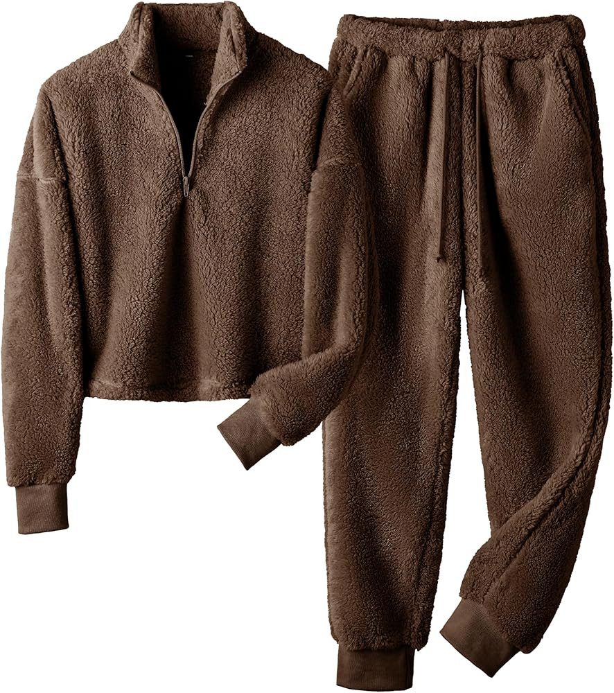 Fuzzy Pajamas Sets for Women Fleece Half Zip Pullover Tops and Jogger Pants Set 2Two Piece Sleepw... | Amazon (US)