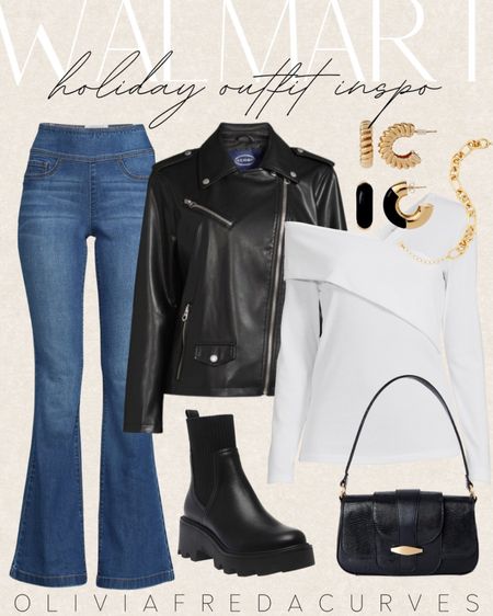 Walmart outfit inspo - style tip - flare jeans - leather jacket - black boots - purse - curvy girl 

#LTKstyletip #LTKSeasonal #LTKHoliday