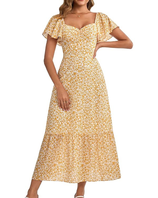 GLNEGE Women's 2025 Summer Midi Floral Boho Dresses Casual Flowy Beach Short Sleeve Dress Ruffle ... | Amazon (US)