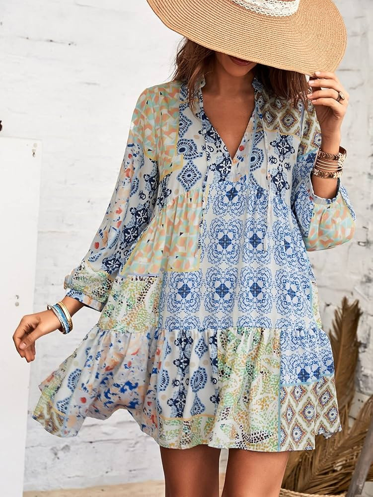 Long Sleeve Dresses for Women 2023 Patchwork Floral Print Notch Neck Ruffle Hem Dress Mini Dress | Amazon (US)