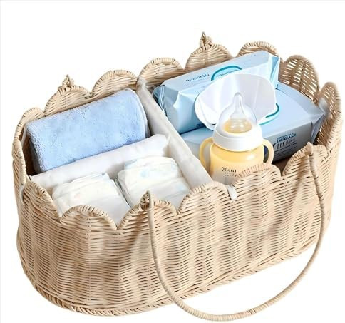 Premium Wicker Baby Diaper Caddy Organizer,Woven Scalloped Rattan Basket with Handle,Wicker Baby ... | Amazon (US)