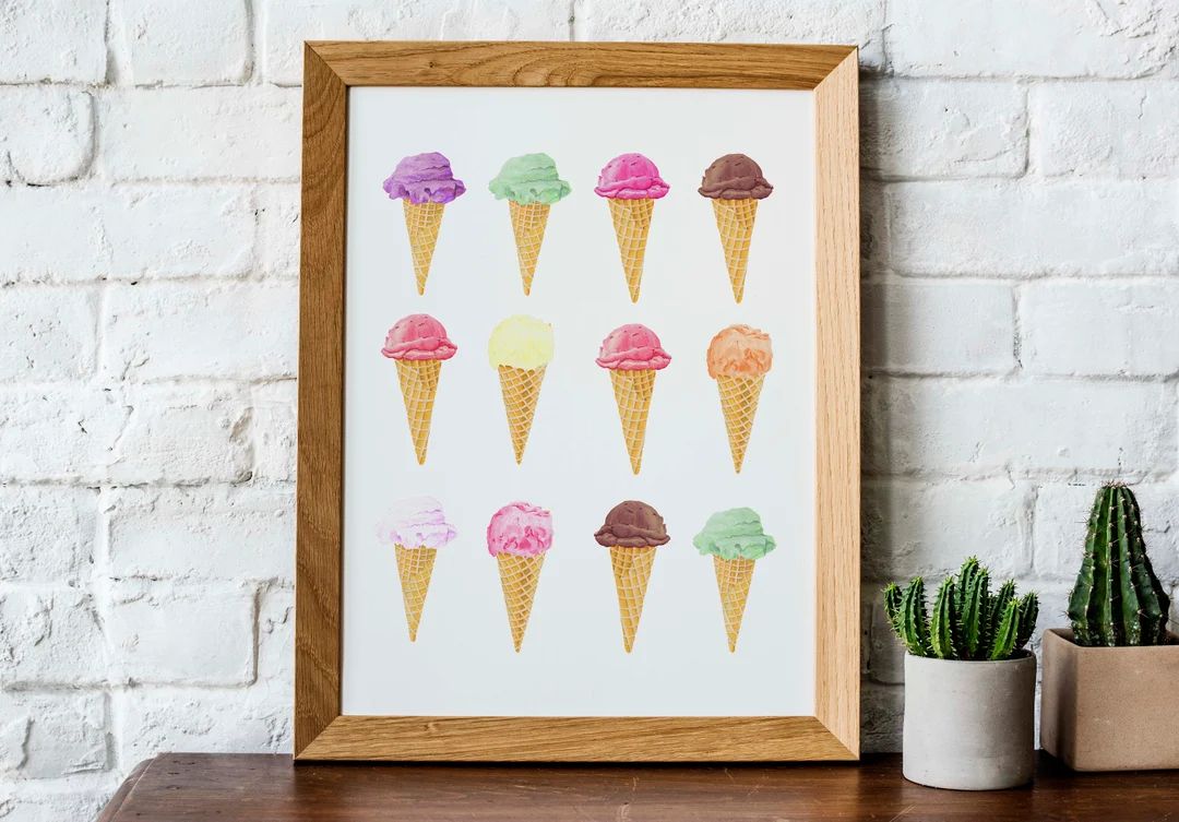 Summer printable art, Ice cream cones print,  Watercolor ice cream printable art | Etsy (US)