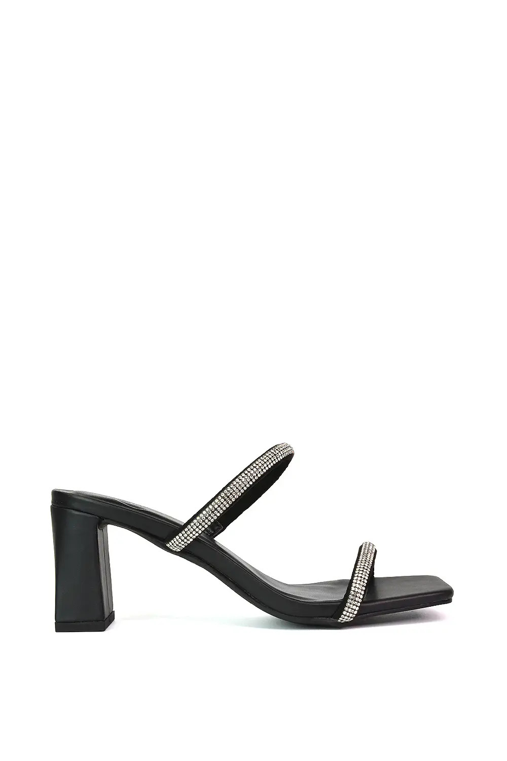 Black XY London 'Holden' Diamante Strap Square Toe Mid Block Heel Sandal Mules | Debenhams | Debenhams UK