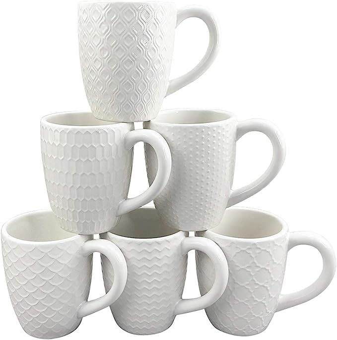 Schliersee White Ceramic Coffee Mugs set of 6, Stylish Embossed Coffee Cups Set with Different Pa... | Amazon (US)