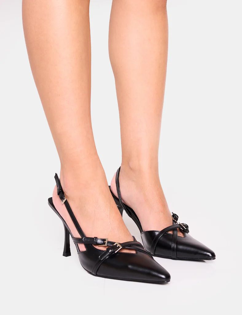 Smooch Black Buckle Detail Slingback Mid Heel Court Shoe | Public Desire