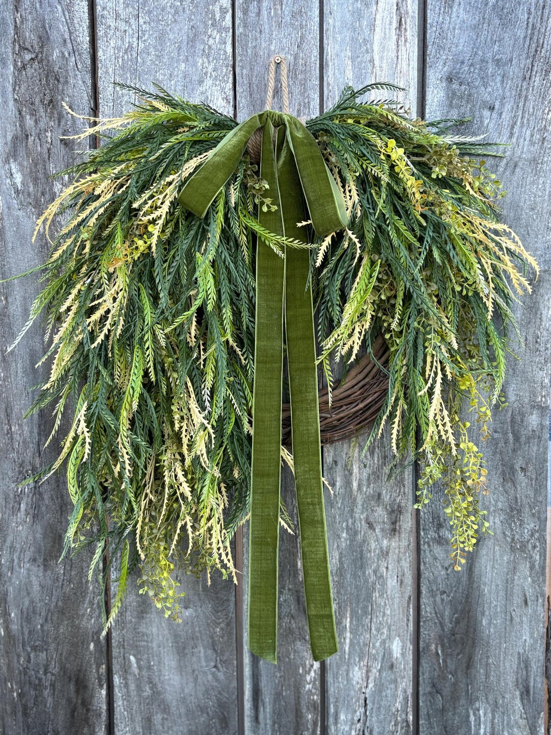 Greenery Grapevine Door Wreath, Saw Grass Wreath, Fall Greenery Wreath With Velvet Bow, Large Aut... | Etsy (US)