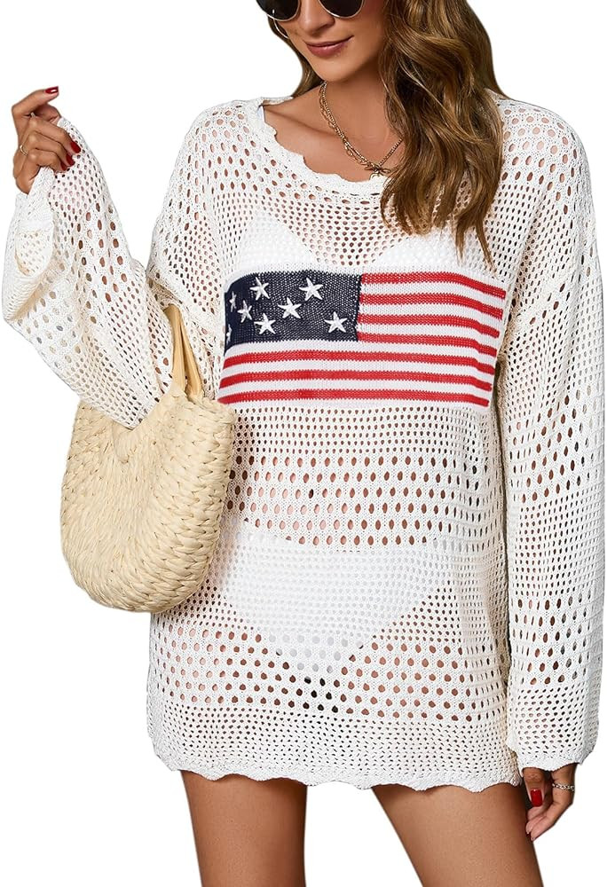Women's Long Sleeve Swimsuit Cover Up American flag Hollow Out Bathing Suit Crochet Coverups | Amazon (US)