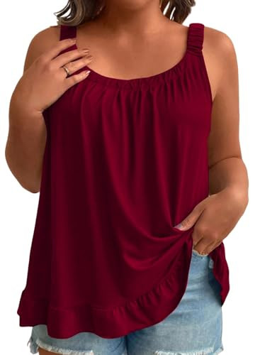 Eytino Plus Size Tank Tops for Women Crewneck Pleated Front Sleeveless Tops Loose Blouses with Ruffle Hem,4X Red Dahlia | Amazon (US)