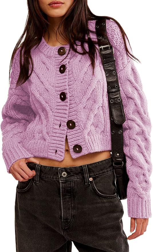 Zhiyouni Women's Cropped Cardigan Sweater Chunky Cable Knit Long Sleeves Button Down Coat | Amazon (US)