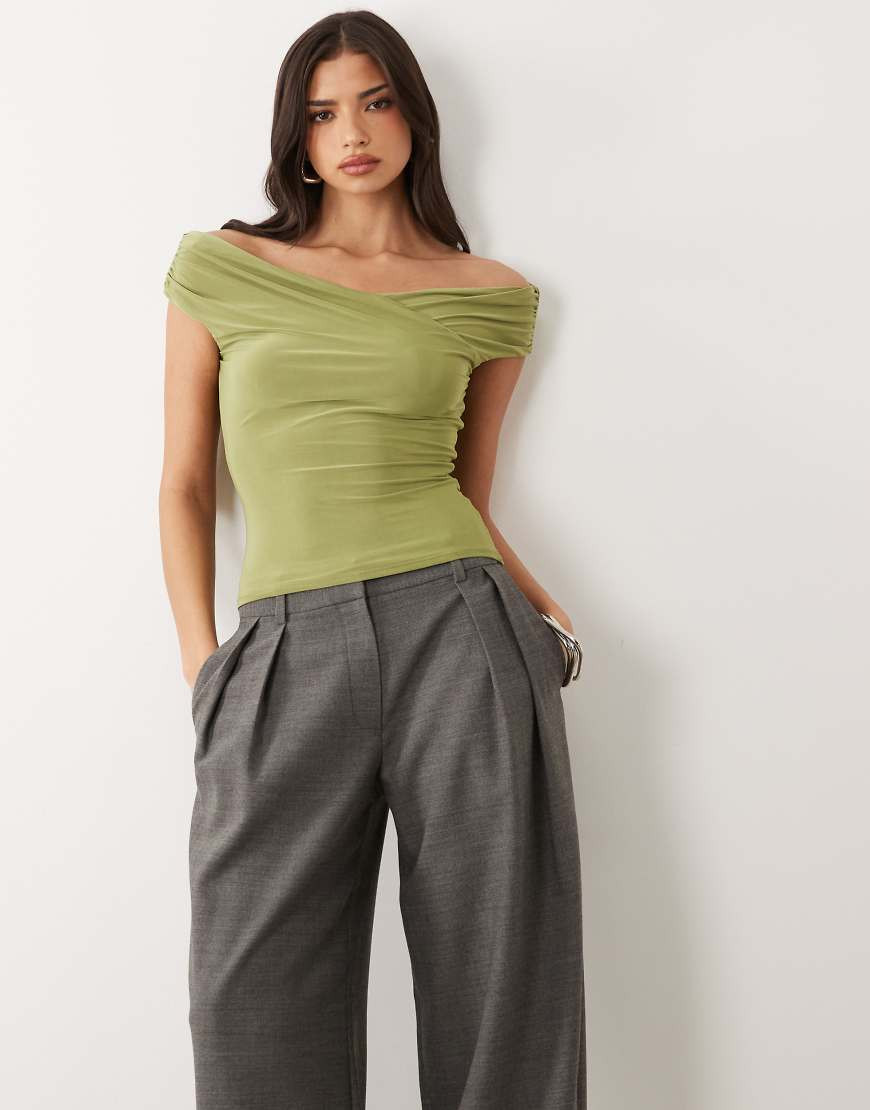 ASOS DESIGN ruched shoulder grazer top in olive-Green | ASOS (Global)