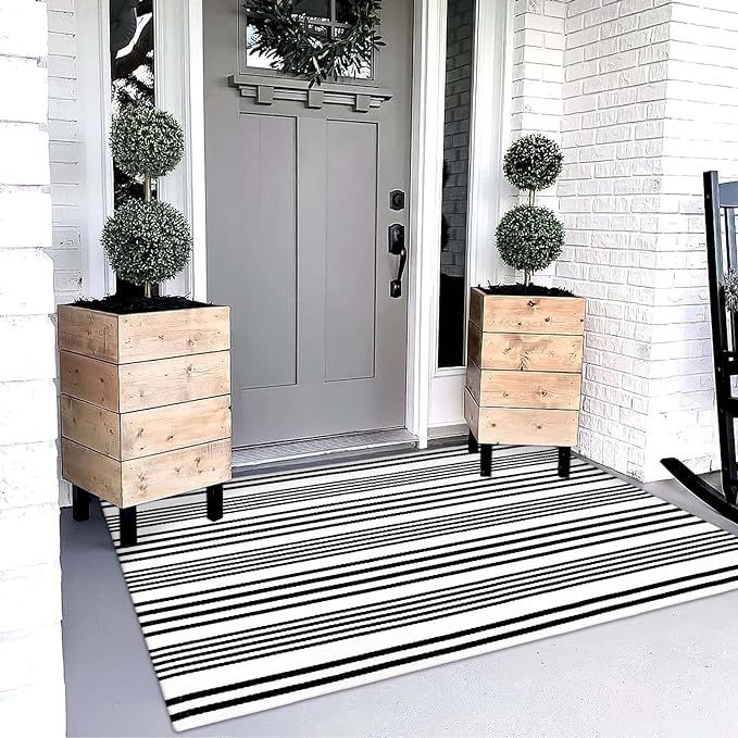 OJIA Black and White Outdoor Rug 3' x 5', Machine Washable Front Door Mats Outdoor, Cotton Hand-W... | Amazon (US)