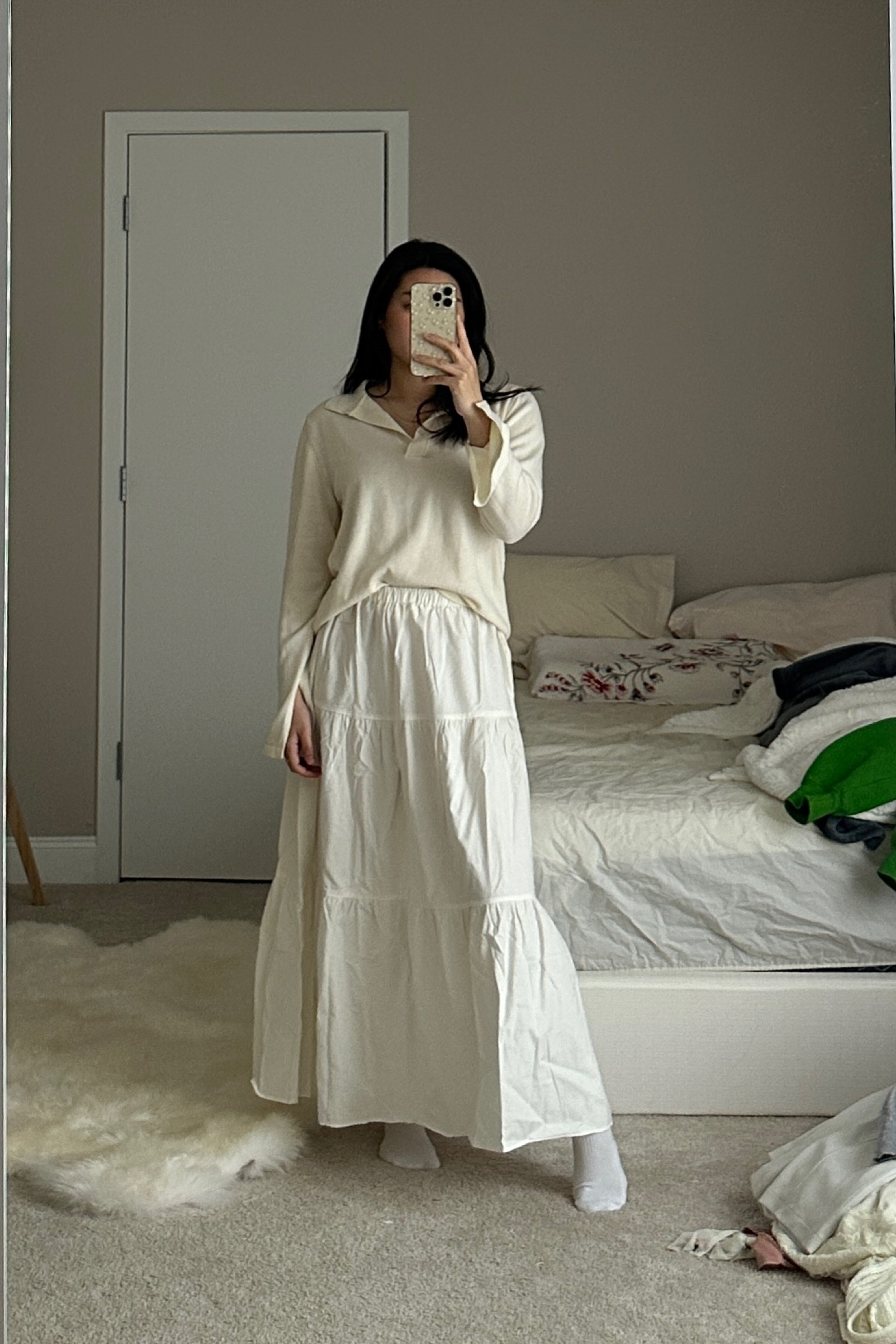 all white modest summer outfit with a collared white long-sleeve and tiered white maxi skirt

#LTKfit #LTKstyletip #LTKSeasonal