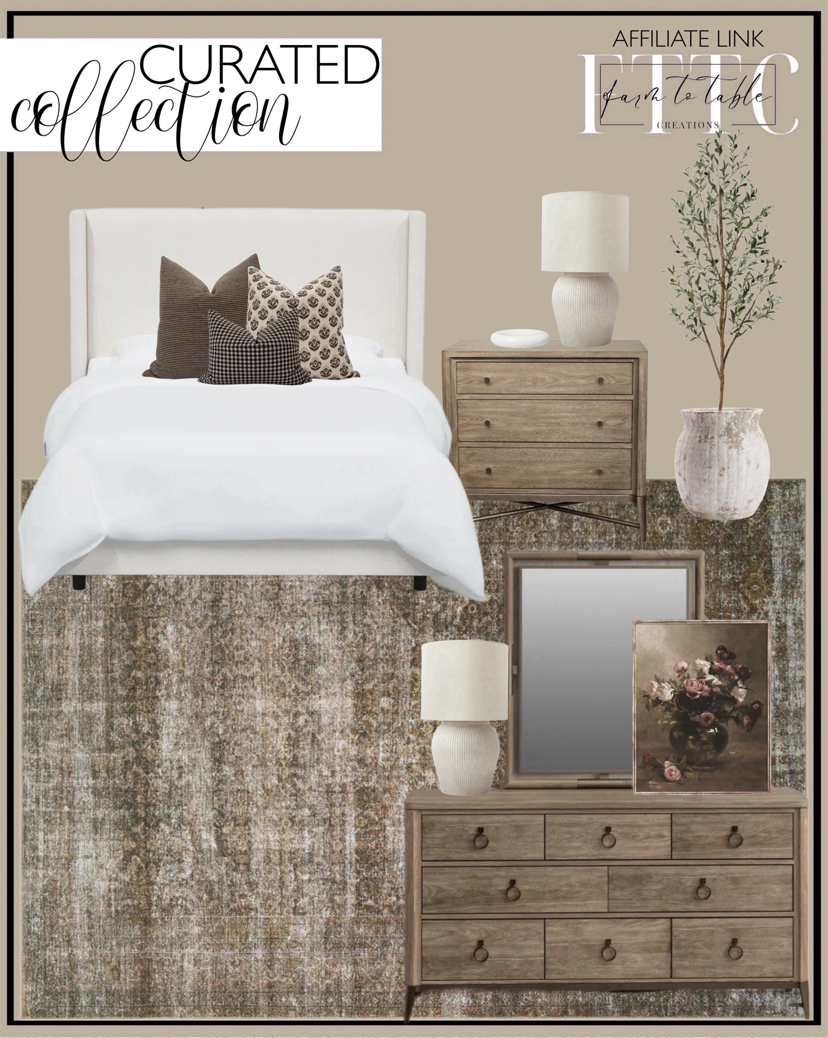 Curated Collection. Follow @farmtotablecreations on Instagram for more inspirational.

Billie Tobacco Rust Rug. Regan Metal Nightstand. Tilly Upholstered Bed. Regan Wall Mirror. Regan 8 - Drawer Dresser. Weathered, handcrafted, terra-cotta vase, pottery barn. Better Homes & Gardens 21" Raw Sand Table Lamp with Shade by Dave & Jenny Marrs. 6 foot Olive Tree. Walmart Find. Brown Pillow Cover Set Moody Pillow Cover Combo. Antiqve Moody Vintage Still Life. Marble Dish White - Threshold designed with Studio McGee

Bedroom Finds | Amazon Home | Target Sale | Loloi Rugs | Magnolia Home | console table | console table styling | faux stems | entryway space | home decor finds | neutral decor | entryway decor | cozy home | affordable decor |  | home decor | home inspiration | spring stems | spring console | spring vignette | spring decor | spring decorations | console styling | entryway rug | cozy moody home | moody decor | neutral home




#LTKHome #LTKSaleAlert #LTKFindsUnder50