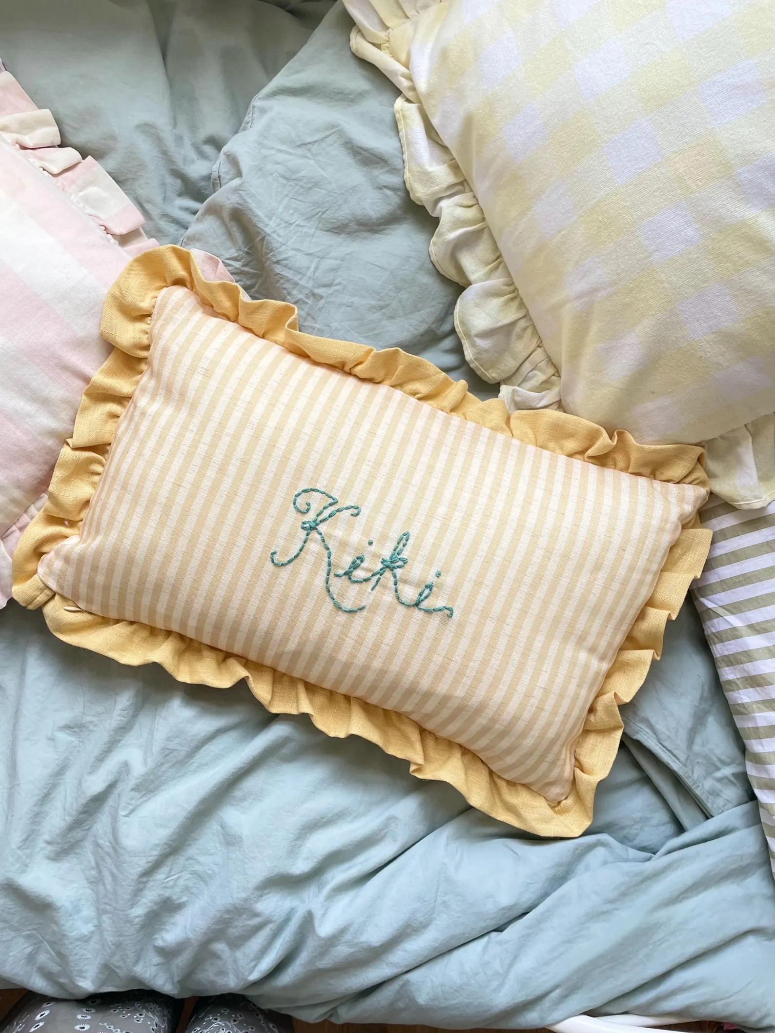Personalised Daisy Name Cushion | Yellow Stripe Nursery Pillow, Heirloom Decor | Etsy (Global)