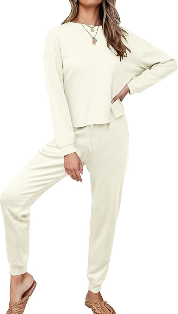 ZESICA Womens Waffle Knit Outfits Set Casual Long Sleeve Top and Pants Two Piece Loungewear Sweatsui | Amazon (US)