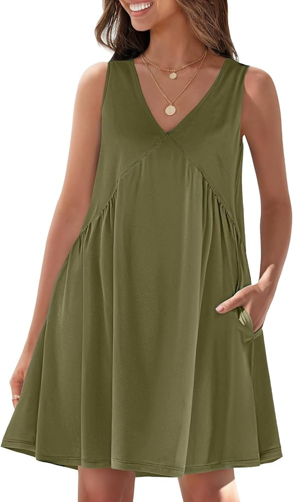 MEROKEETY Women's Summer 2024 Sleeveless Mini Dress V Neck Ruffle Casual Loose Flowy Beach Sundre... | Amazon (US)