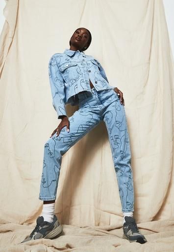 Blue Co Ord Riot Face Print Mom Jeans | Missguided (US & CA)