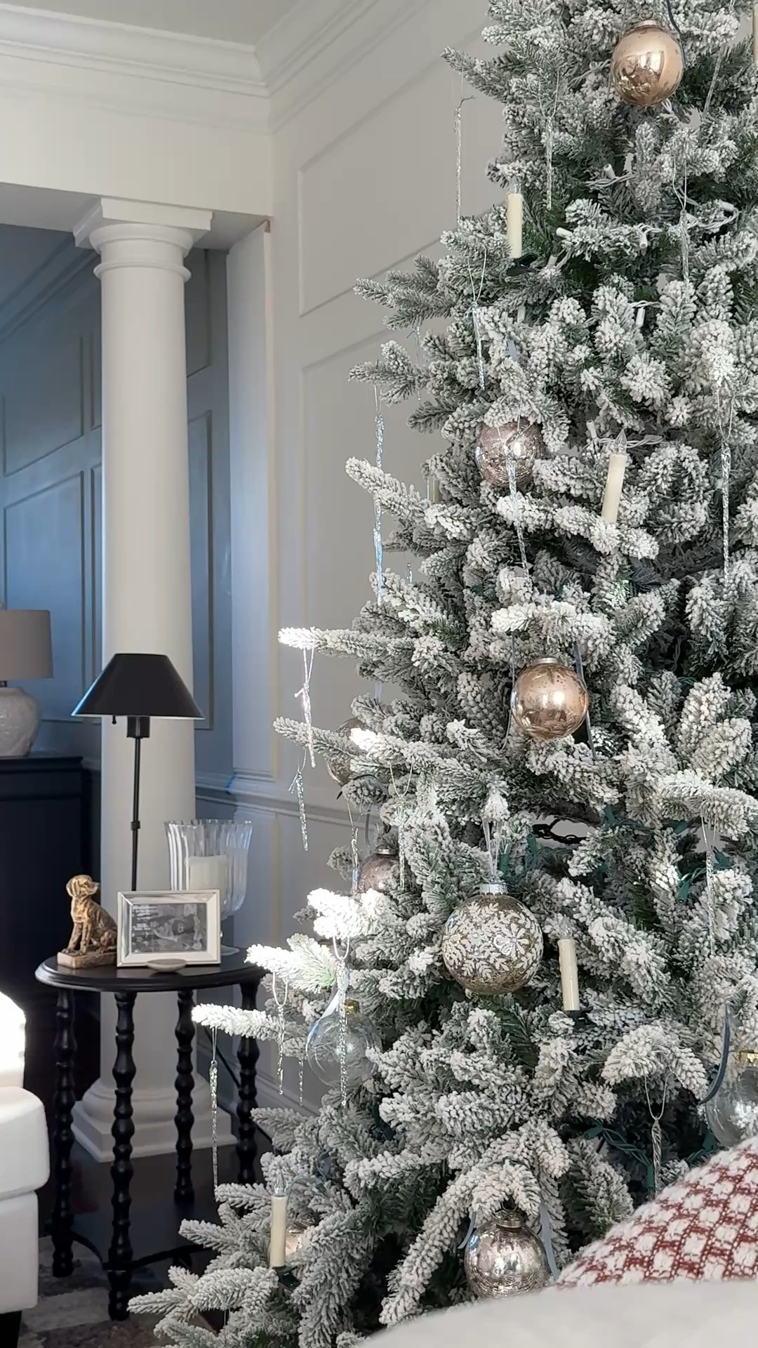 All these holiday decor pieces and room decor linked or similar items.  
Curtains
Curtain rods
Lamps
Flocked tree
Dog bookends
Vase
Stems
Frames
Tree decorations


#LTKHoliday #LTKSaleAlert #LTKSeasonal