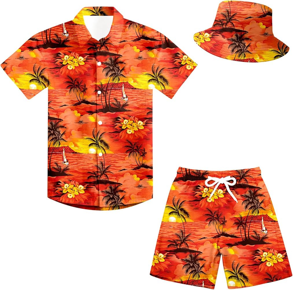 UNICOMIDEA Boys Hawaiian Outfits Summer Button Down Shirt and Short with Bucket Hat 5-12 Years 3 ... | Amazon (US)