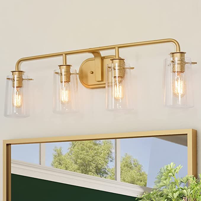 Bathroom Light Fixtures, 4 Lights Bathroom Vanity Light, Gold Bathroom Light Fixtures with Seeded... | Amazon (US)