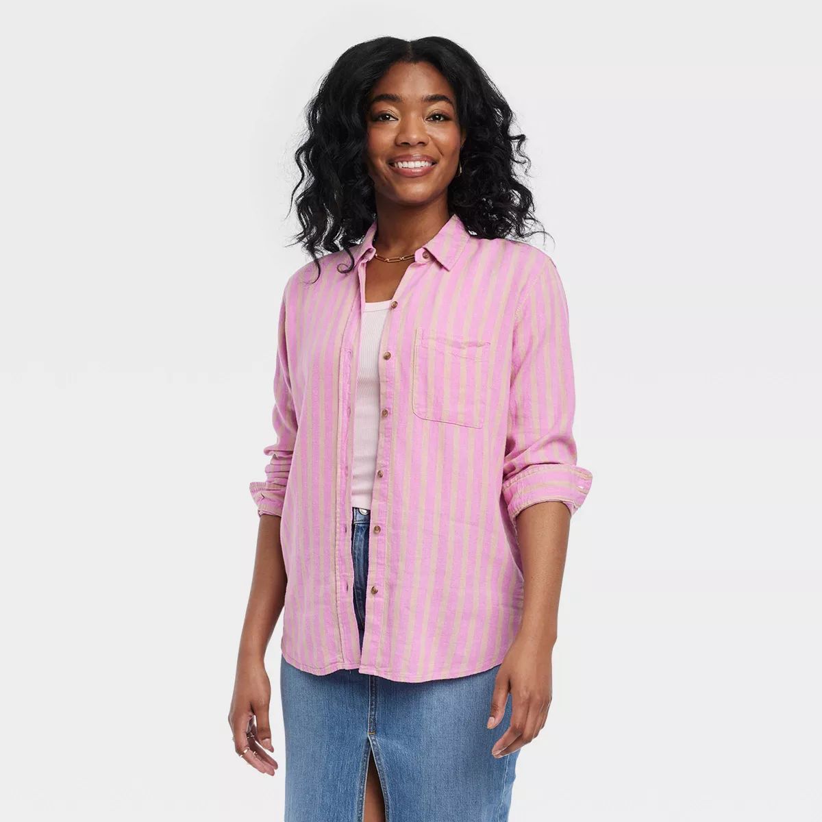 Women's Linen Long Sleeve Collared Button-Down Shirt - Universal Thread™ Tan Striped 4X | Target