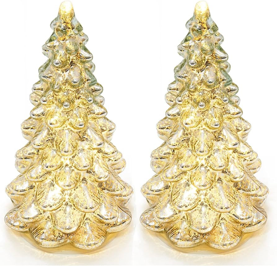 Tabletop Christmas Tree Mercury Glass Timer Lighted Silver Small Xmas Trees Table Centerpiece Man... | Amazon (US)