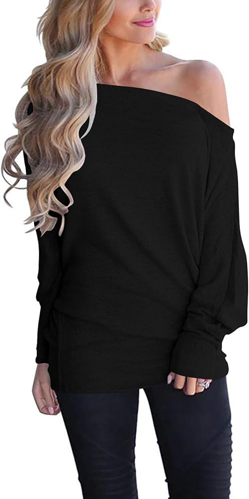 Poetsky Women's Off Shoulder Long Sleeve Tunic Tops Loose Casual Oversized Shirts Blouses | Amazon (US)