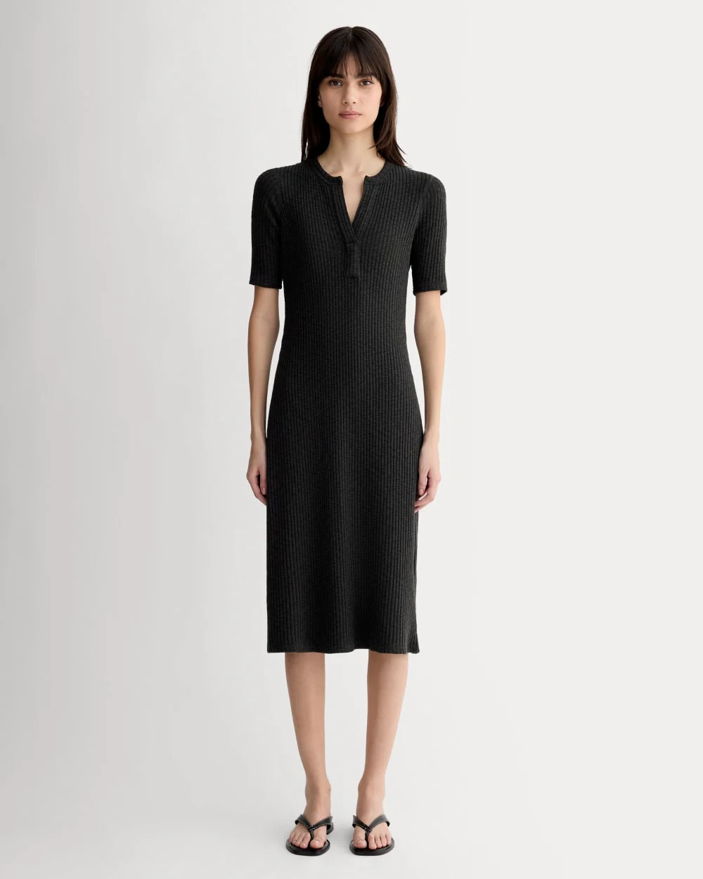 Everlane Rib-Knit Henley Dress In Black, Size XXS, Cotton | Everlane
