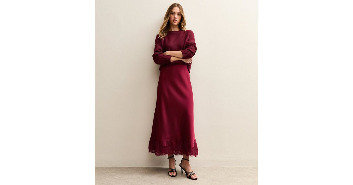Gini London Light Burgundy Contrast Lace Trim Satin Midaxi Skirt | New Look | New Look (UK)