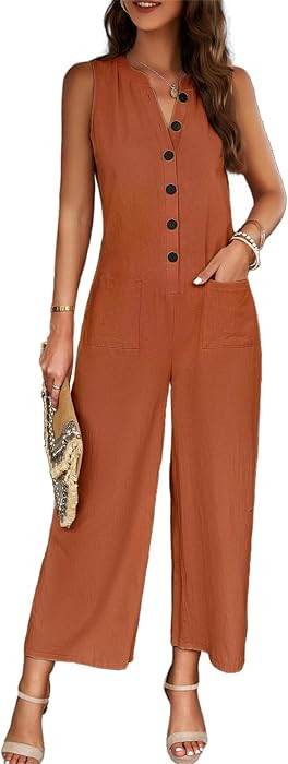 Womens Jumpsuits Casual Dressy Button Down Romper V Neck Outfits Sleeveless Baggy Dressy Wide Leg... | Amazon (US)