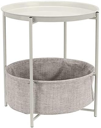 Amazon Basics Round Storage End Table - White with Heather Grey Fabric | Amazon (US)