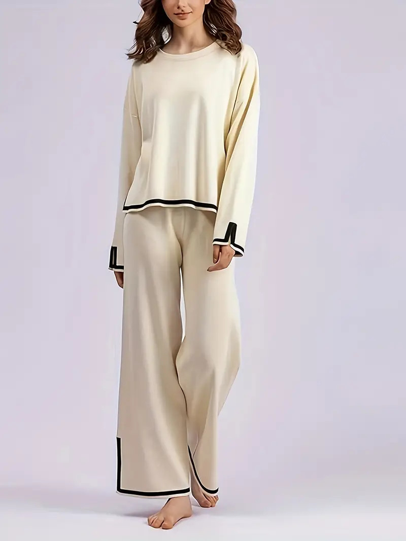 Contrast Trim Casual Two piece Set Crew Neck Long Sleeve Top - Temu | Temu Affiliate Program